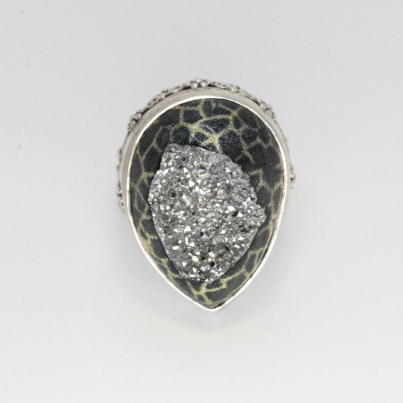 STERLING SILVER SAJEN DRUZY SILVER ANIMAL PRINT SPLIT RING - Picture 8 of 9